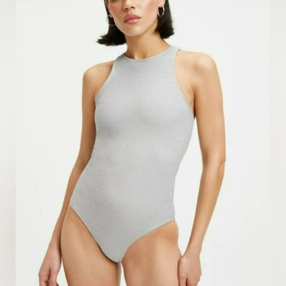 Good American Sparkle One Piece Swim Bathing Suit Size 2 Medium NWT Silver